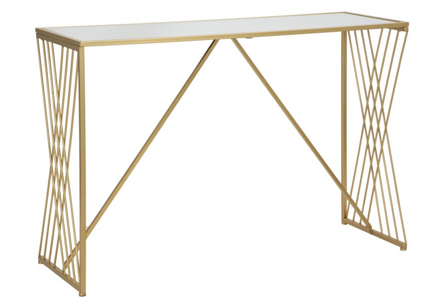 Glamour zrkadlový konzolový stolík Mardella s obdĺžnikovou vrchnou doskou s reflexným povrchom so zlatou konštrukciou z kovu s ozdobnou podstavou s dizajnom v tvare x