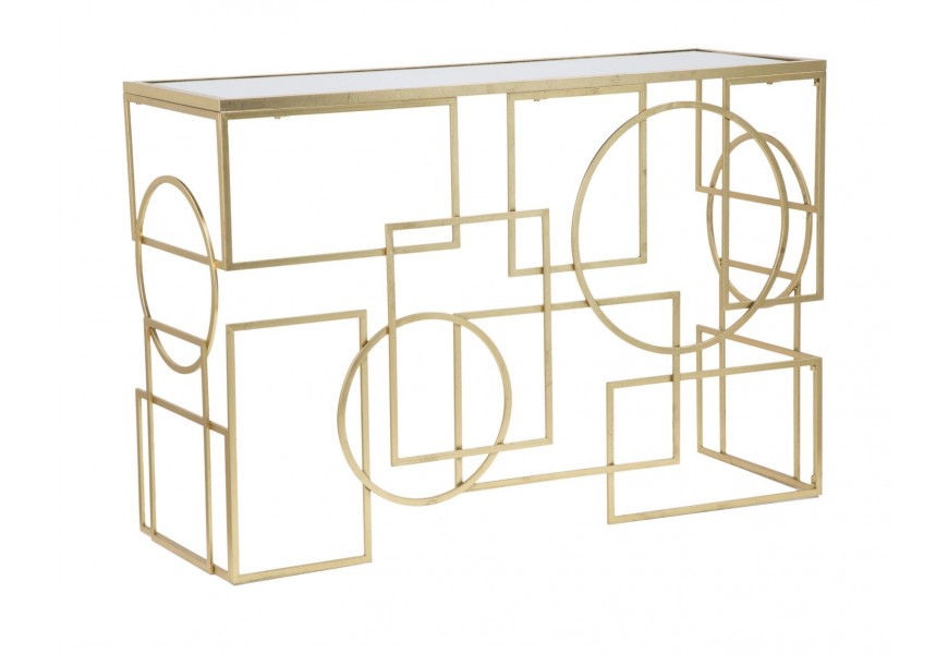 Glamour zrkadlový obdĺžnikový zlatý konferenčný stolík Jazzy s reflexnou vrchnou doskou a podstavou z kovu s geometrickým dizajnom kruhov a štvorcov