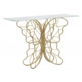 Sklenený glamour obdĺžnikový konzolový stolík Papillon s priehľadnou vrchnou doskou a podstavou z kovu v zlatej farbe s dizajnom štyroch motýlích krídel