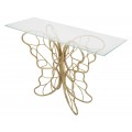 Dizajnový glamour konzolový stolík Papillon s obdĺžnikovou sklenenou doskou a zlatou kovovou podstavou v tvare motýľa 110 cm