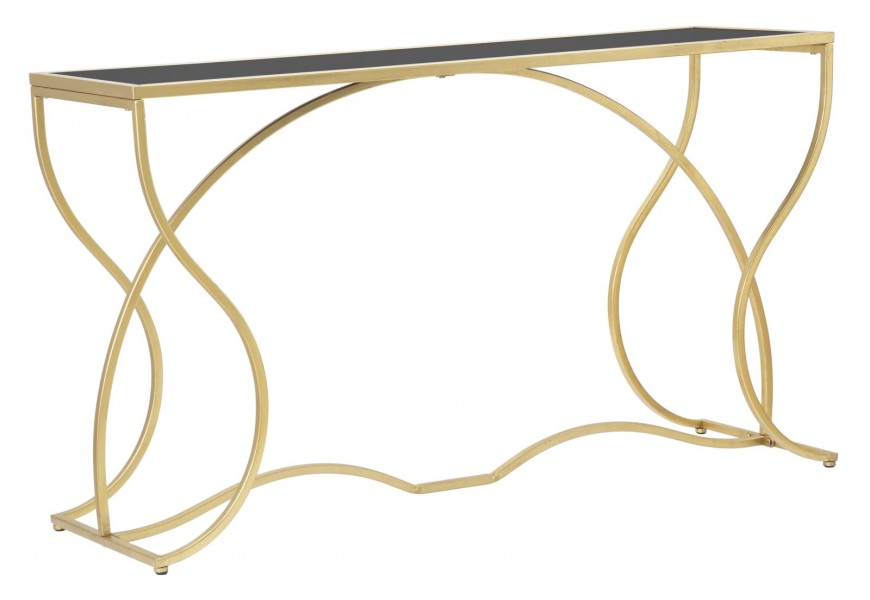 Sklenený art deco konzolový stolík Vertilio s obdĺžnikovou vrchnou doskou z čierneho skla a dizajnovou zvlnenou podstavou s poloblúkom z kovu v zlatej farbe