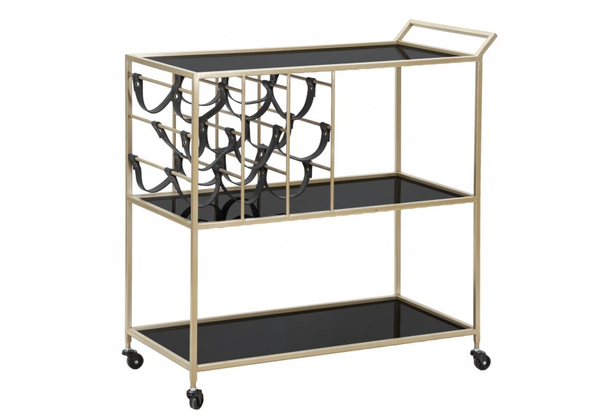 Dizajnový art deco čierny servírovací vozík Stefano so zlatou kovovou konštrukciou s tromi úrovňami a držiakom na fľaše z kožených popruhov