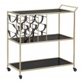 Dizajnový art deco čierny servírovací vozík Stefano so zlatou kovovou konštrukciou s tromi úrovňami a držiakom na fľaše z kožených popruhov
