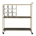 Dizajnový glamour servírovací vozík Stefano so držiakom na fľaše a tromi policami z čierneho skla a zlatou konštrukciou 79 cm