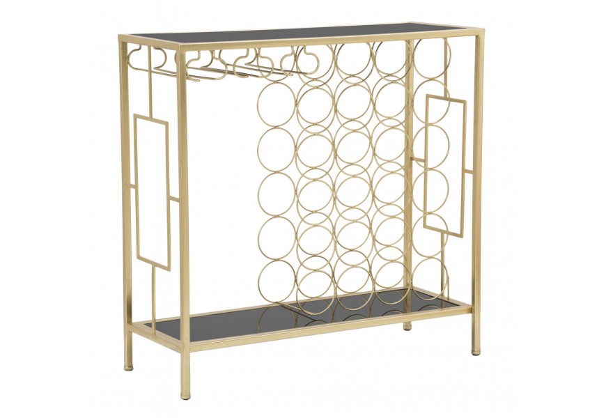Sklenená glamour vinotéka Stefano so stojanom na dvadsaťštyri fliaš so zlatou kovovou konštrukciou a vrchnou doskou s policou s čiernym skleneným povrchom