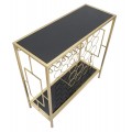 Dizajnový art deco konzolový stolík s vinotékou Stefano s doskou a policou z čierneho skla a zlatou konštrukciou 75 cm