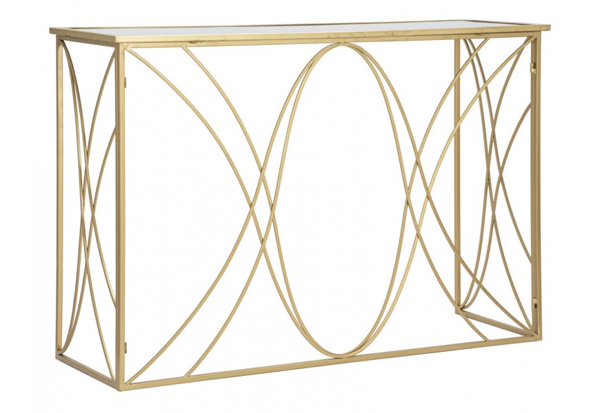 Zrkadlový glamour zlatý konzolový stolík s geometrickou podstavou z kovu s dizajnom križujúcich sa vĺn a s obdĺžnikovou vrchnou doskou zo zrkadlového skla