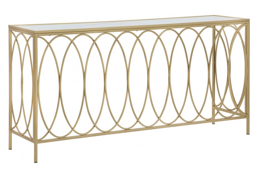 Mramorový glamour zlatý konzolový stolík Valliana s obdĺžnikovou vrchnou doskou bielej farby so sivým žilkovaným dizajnom s kovovou podstavou v zlatej farbe so symetricky sa prekrývajúcimi oválnymi prvkami