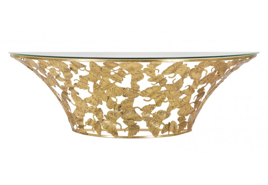 Sklenený glamour zlatý nástenný konzolový stolík Natura Elegante s priehľadnou polkruhovou vrchnou doskou a konštrukciou z kovu v zlatej farbe s dizajnom listov ginka