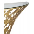 Dizajnový glamour závesný konzolový stolík Natura Elegante so sklenenou doskou a zlatou podstavou s motívom ginko listov 120 cm