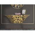 Dizajnový glamour závesný konzolový stolík Natura Elegante so sklenenou doskou a zlatou podstavou s motívom ginko listov 120 cm