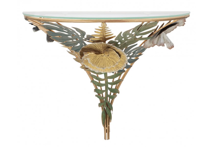 Dizajnový glamour nástenný konzolový stolík Exotica s poloblúkovou vrchnou doskou zo skla a konštrukciou z kovu v zlatej farbe s bohatým zdobením v podobe kovových kvetov a listov v odtieňoch zelenej a čiernej a béžovej