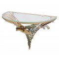 Sklenený glamour polkruhový konzolový stolík Exotica so zlatou konštrukciou a florálnym zdobením v odtieňoch zelenej 45 cm