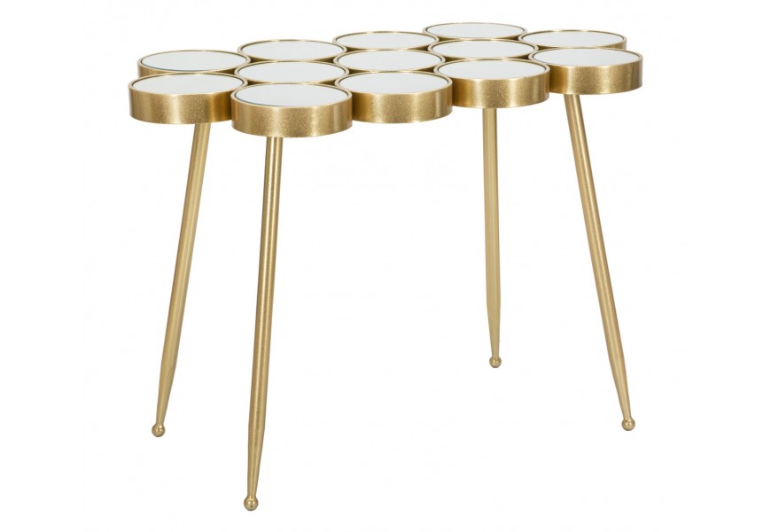 Zrkadlový glamour konzolový stolík Specchio atypického tvaru z kovu v zlatej farbe so šikmými nožičkami s dizajnovou vrchnou doskou zloženou z trinástich okrúhlych zrkadiel