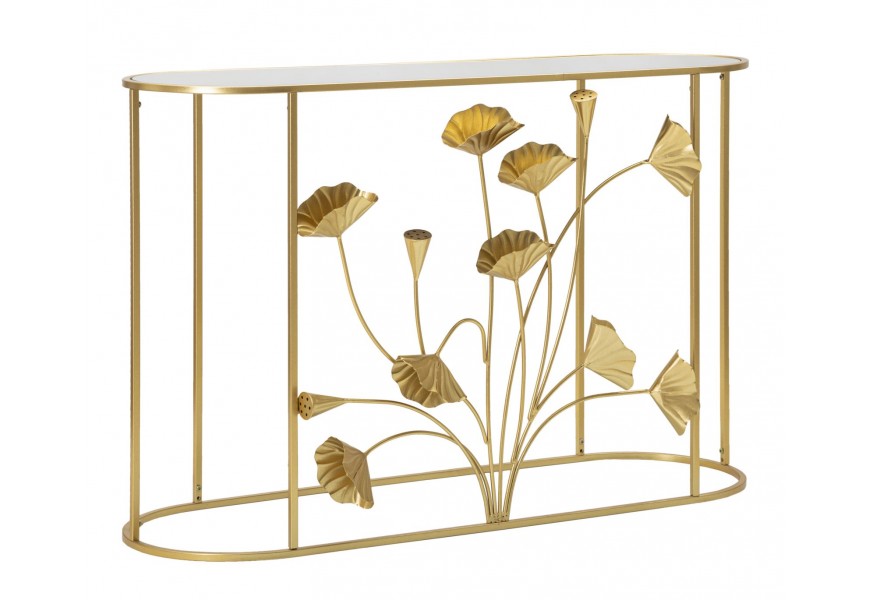 Dizajnový zrkadlový oválny konzolový stolík Natura Elegantne s kovovou konštrukciou v zlatej farbe s florálnym zdobením v podobe makových kvetov