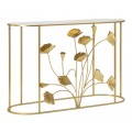 Dizajnový zrkadlový oválny konzolový stolík Natura Elegantne s kovovou konštrukciou v zlatej farbe s florálnym zdobením v podobe makových kvetov