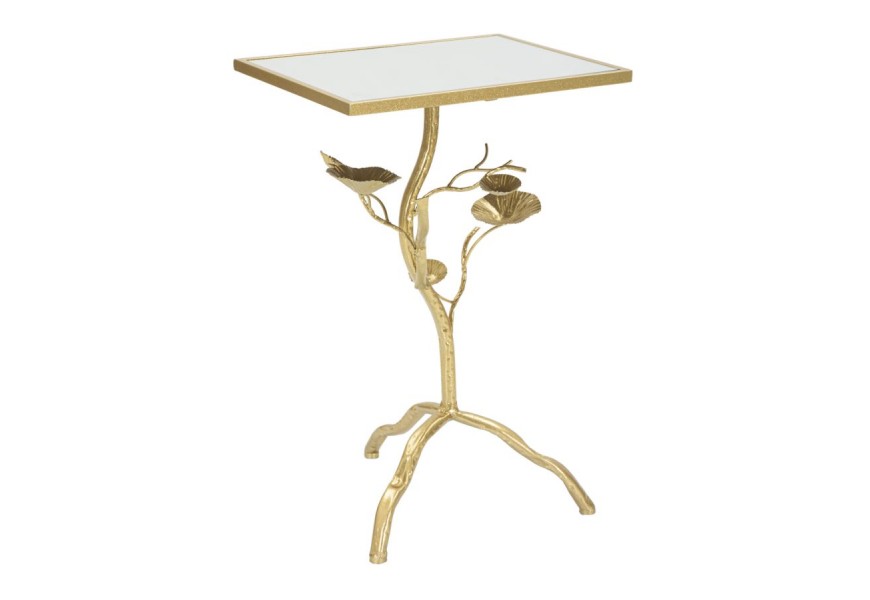 Zrkadlový glamour obdĺžnikový príručný stolík Natura Elegante s kovovou konštrukciou v zlatej farbe s nohou s florálnym dizajnom kvetov