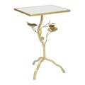 Zrkadlový glamour obdĺžnikový príručný stolík Natura Elegante s kovovou konštrukciou v zlatej farbe s nohou s florálnym dizajnom kvetov