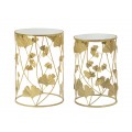 Dizajnový zrkadlový zlatý set dvoch príručných stolíkov Natura Elegante okrúhleho tvaru s reflexnou vrchnou doskou a kovovou konštrukciou s motívom ginko listov