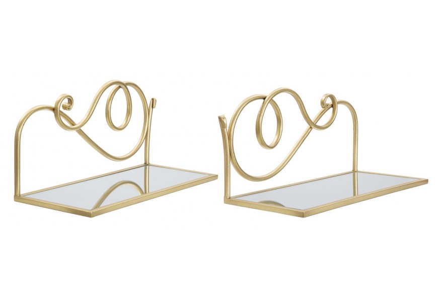 Dizajnová sada dvoch zrkadlových políc Dumur obdĺžnikového tvaru s ozdobným zlatým kovovým rámom so špirálovými ornamentami