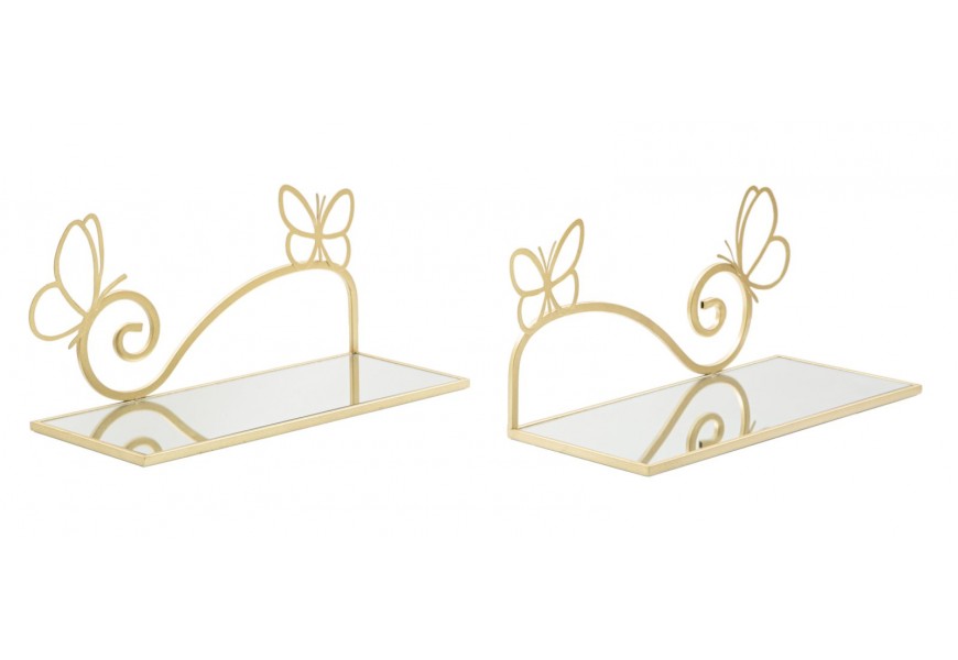 Dizajnová sada políc Papillon so zrkadlovou sklenenou doskou a zlatým kovovým rámom obdĺžnikového tvaru s ozdobnými motýľmi
