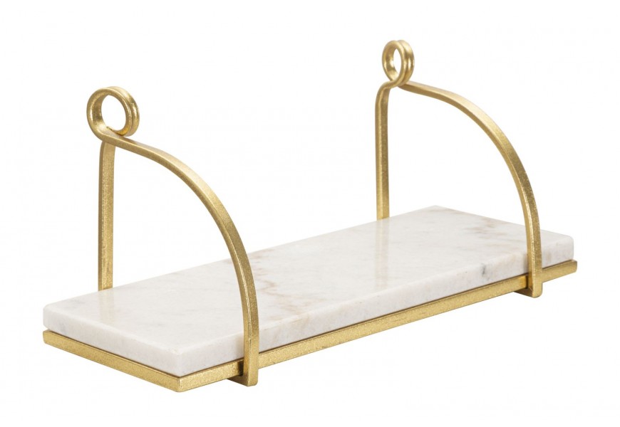 Dizajnov&aacute; glamour obdĺžnikov&aacute; polica Goldbrand s kr&eacute;movou mramorovou doskou a zlat&yacute;m kovov&yacute;m r&aacute;mom so z&aacute;vesn&yacute;mi obl&uacute;kmi 40 cm