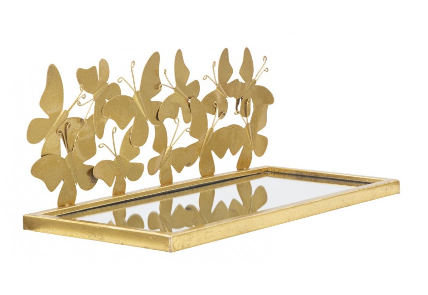 Zrkadlová glamour obdĺžniková polica Papillon s reflexnou doskou v zlatom kovovom ráme s dizajnovým prvkom v podobe motýľov