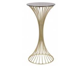 Dizajnový art deco príručný stolík Creuser s okrúhlou sklenenou doskou s hnedým dymovým efektom a konštrukciou so zúženou strednou časťou v tvare presýpacích hodín z kovu v zlatej farbe