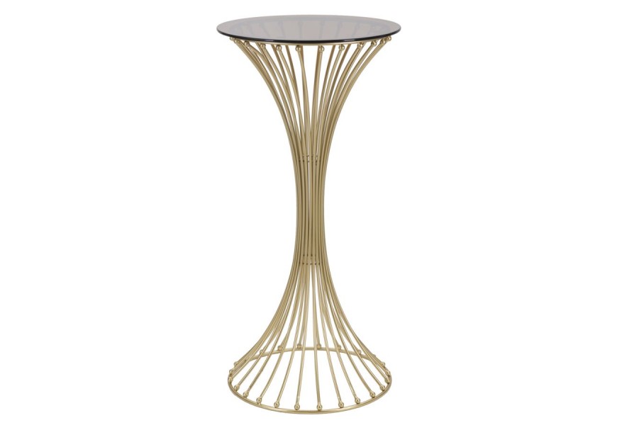 Dizajnový art deco príručný stolík Creuser s okrúhlou sklenenou doskou s hnedým dymovým efektom a konštrukciou so zúženou strednou časťou v tvare presýpacích hodín z kovu v zlatej farbe