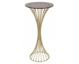 Dizajnový glamour okrúhly príručný stolík Creuser s konštrukciou v tvare presýpacích hodín z kovu v zlatej farbe a vrchnou doskou zo skla v hnedej farbe