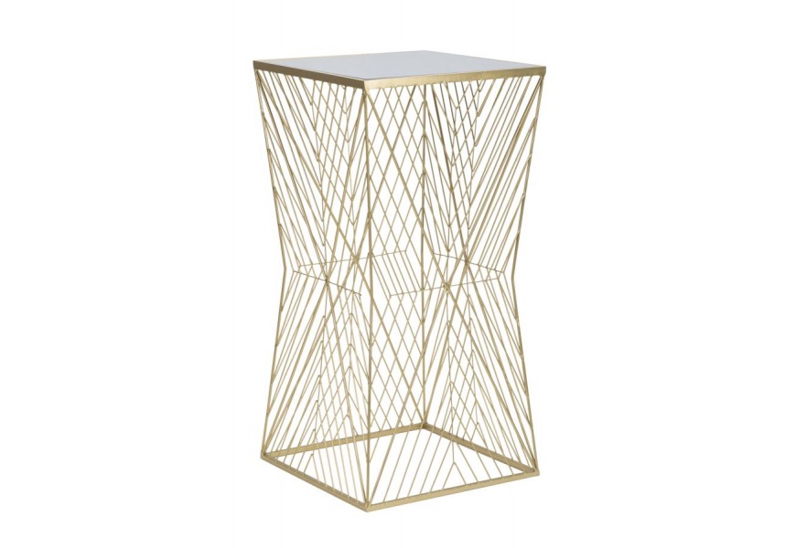 Glamour stolík Dimension so zrkadlovou štvorcovou doskou a zlatou kovovou podstavou s prepletenou geometrickou konštrukciou