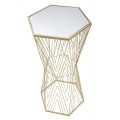 Dizajnový glamour šesťuholníkový príručný stolík Dimension so zrkadlovou doskou a geometrickou podstavou v zlatej farbe 80 cm