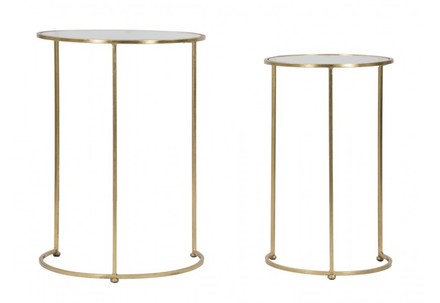 Glamour set dvoch príručných stolíkov Selly v okrúhlom tvare z kovu v zlatej farbe s vrchnou doskou zo skla