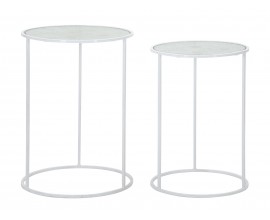 Glamour sada okrúhlych kovových bielych príručných stolíkov Selly so sklenenou vrchnou doskou s dekoračnými srdcami 60 cm