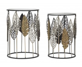 Dizajnová glamour sada okrúhlych príručných stolíkov Foliera so sklenenou doskou a čiernym kovovým rámom s listami 55 cm