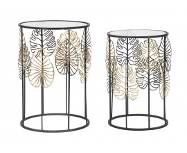 Dizajnová glamour sada okrúhlych príručných stolíkov Ornella so sklenenou doskou a čiernym rámom so zlatými listami 55 cm