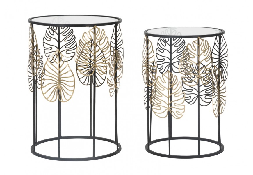 Dizajnová glamour sada okrúhlych príručných stolíkov Ornella so sklenenou doskou a čiernym rámom so zlatými listami 55 cm