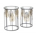 Dizajnová glamour sada okrúhlych príručných stolíkov Ornella so sklenenou doskou a čiernym rámom so zlatými listami 55 cm