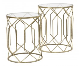 Art deco sada dvoch okrúhlych príručných stolíkov so zlatým kovovým rámom a priehľadnými sklenenými doskami s geometrickým vzorom