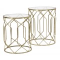 Art deco sada dvoch okrúhlych príručných stolíkov so zlatým kovovým rámom a priehľadnými sklenenými doskami s geometrickým vzorom