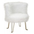 Glamour kreslo Menia v okrúhlom tvare s eko kožušinou v bielej farbe s nožičkami z kovu v zlatej farbe
