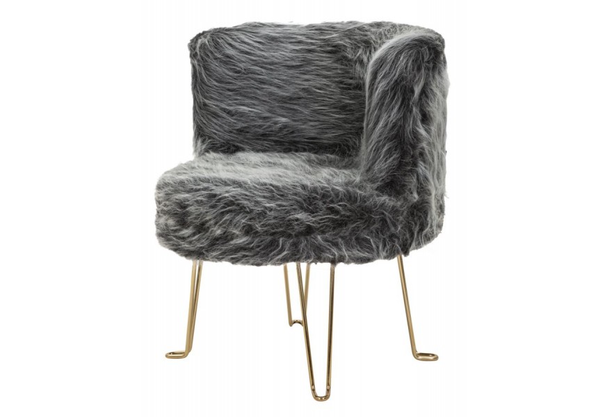 Glamour kožušinové kreslo Menia v sivej farbe v okrúhlom tvare s nožičkami z kovu v zlatý lesklej farbe