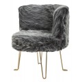 Glamour kožušinové kreslo Menia v sivej farbe v okrúhlom tvare s nožičkami z kovu v zlatý lesklej farbe