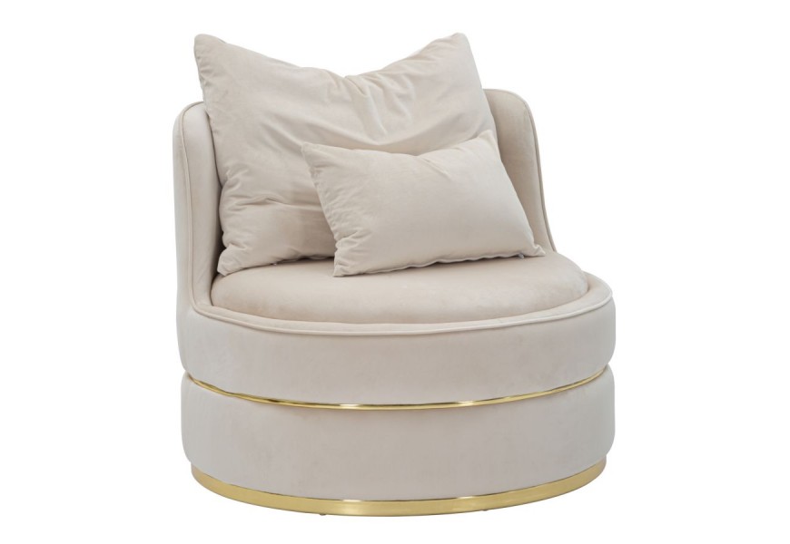Dizajnové art deco kreslo Prestige okrúhleho tvaru čalúnené látkou v béžovej farbe s dvoma vankúšmi so zlatými detailmi
