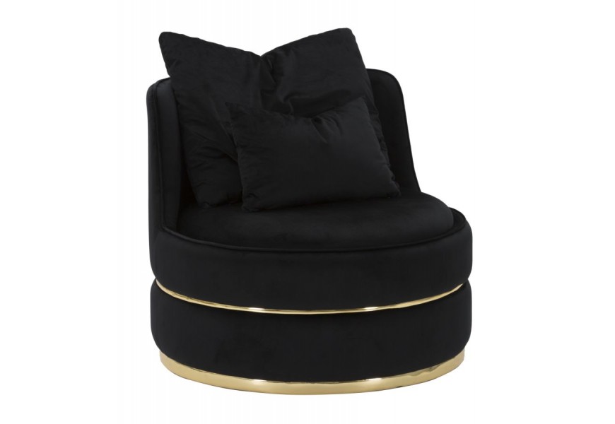Dizajnové okrúhle art deco kreslo Prestige čiernej farby čalúnené semišovou látkou s dvoma vankúšmi so zlatými detailmi