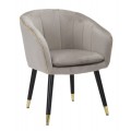 Dizajnová art deco jedálenská stolička Aurelle oblého tvaru čalúnená semišovou textíliou v sivej farbe so zlatým prešívaním s čiernymi nožičkami so zlatými detailmi