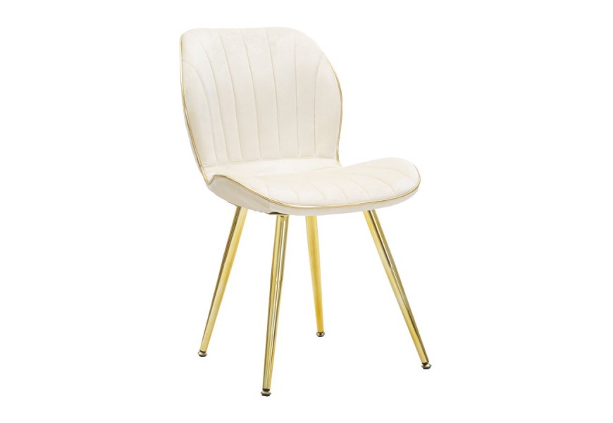 Art deco čalúnená jedálenská stolička Dorena s prešívaným zamatovým krémovým poťahom a zlatými kovovými nožičkami 77 cm