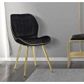 Art deco čalúnená prešívaná jedálenská stolička Dorena so zamatovým čiernym poťahom a zlatými kovovými valcovými nožičkami 77 cm