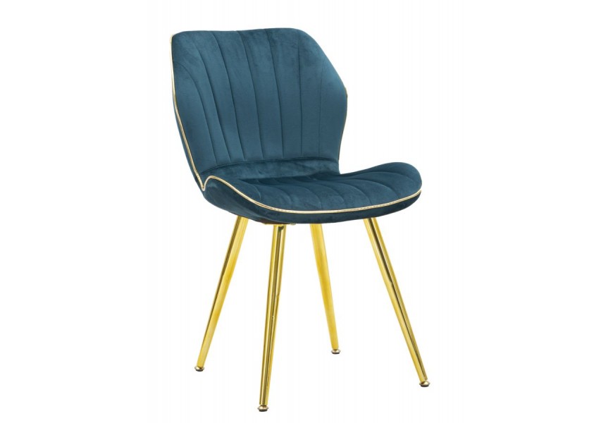 Art deco čalúnená prešívaná jedálenská stolička Dorena s zamatovým petrolejovým modrým poťahom a zlatými nožičkami 77 cm