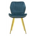 Art deco čalúnená prešívaná jedálenská stolička Dorena s zamatovým petrolejovým modrým poťahom a zlatými nožičkami 77 cm